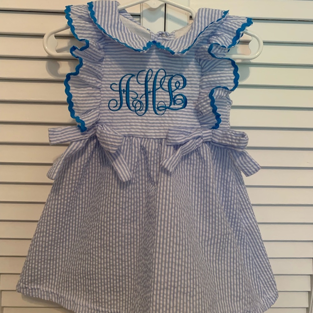 Blue seersucker dress for girls monogrammed ALH